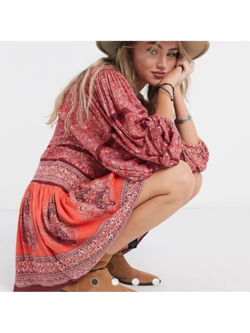 Free People Luna Scarf Print Tunic Dress Red Pink Bubble Sleeve Women’s XS